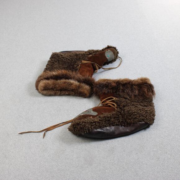 Handmade Shoes - Vintage Handmade Shearling Slippers Woman 10 Brown Fur Lace Winter Moccasins